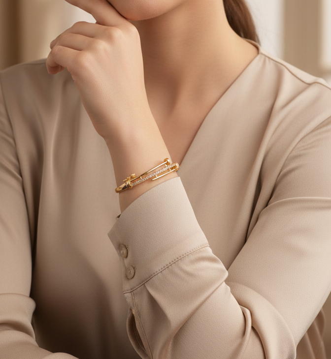 Aura & Artifact 18k Gold Plated Nail Bangle Bracelet for Women – Premium Cubic Zirconia Crystal Inlay – Skin-Friendly, Waterproof Luxury Jewelry – Adjustable Designer Style