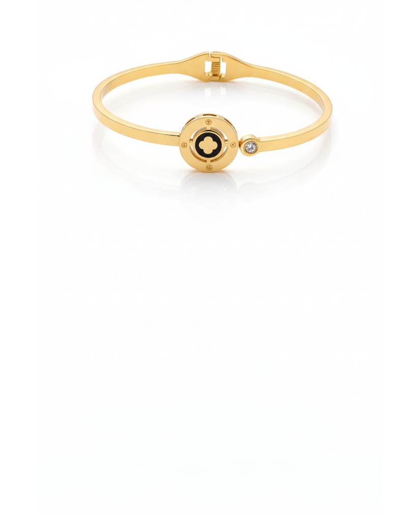 Aura & Artifact Eclipse Clover Gold Bangle – Modern Inlay Cuff with Zirconia Accent