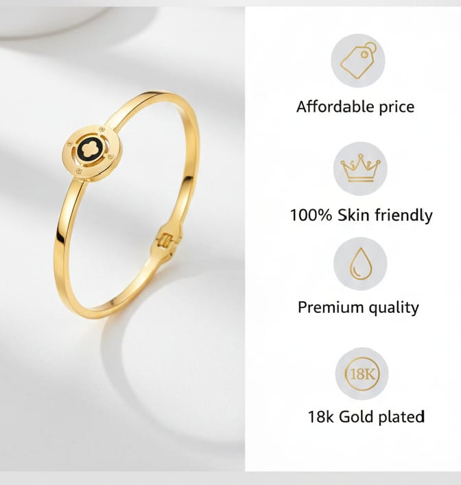 Aura & Artifact Eclipse Clover Gold Bangle – Modern Inlay Cuff with Zirconia Accent