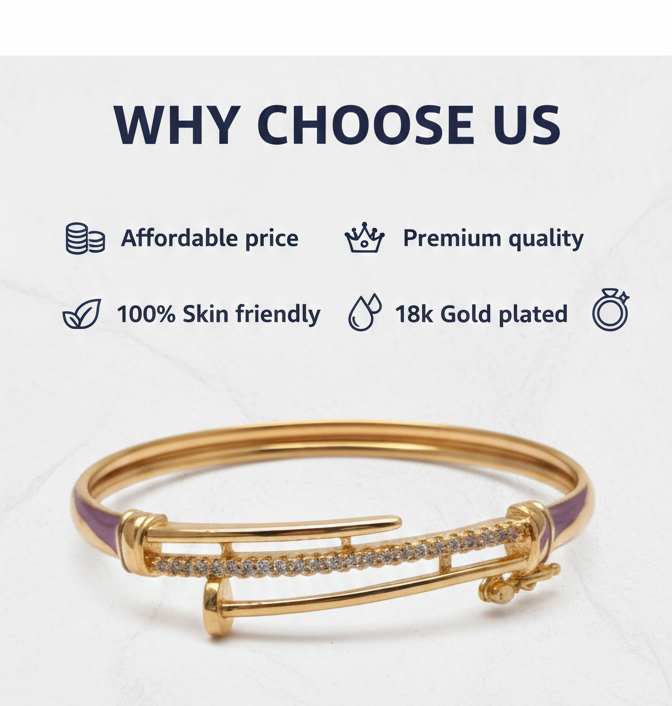 Aura & Artifact 18k Gold Plated Nail Bangle Bracelet for Women – Premium Cubic Zirconia Crystal Inlay – Skin-Friendly, Waterproof Luxury Jewelry – Adjustable Designer Style